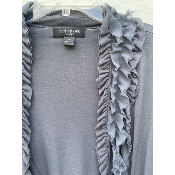 August Silk Cardigan Sweater Womens M Petite Gray Ruffle Collar Crop Shrug Knit - Picture 3 of 4